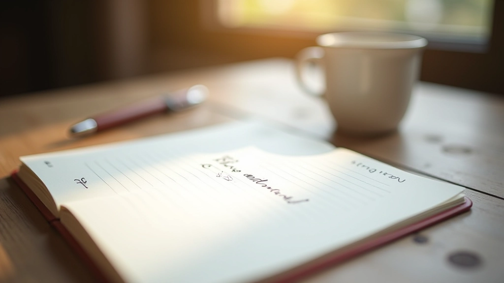 Schreibblock mit Stift auf Holztisch, Kaffeetasse daneben, Morgenlicht durch Fenster