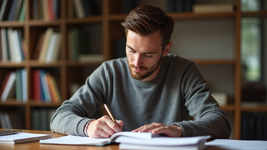 Person an Schreibtisch, konzentriert auf Notizbuch, umgeben von Büchern und Notizen, natürliches Licht
