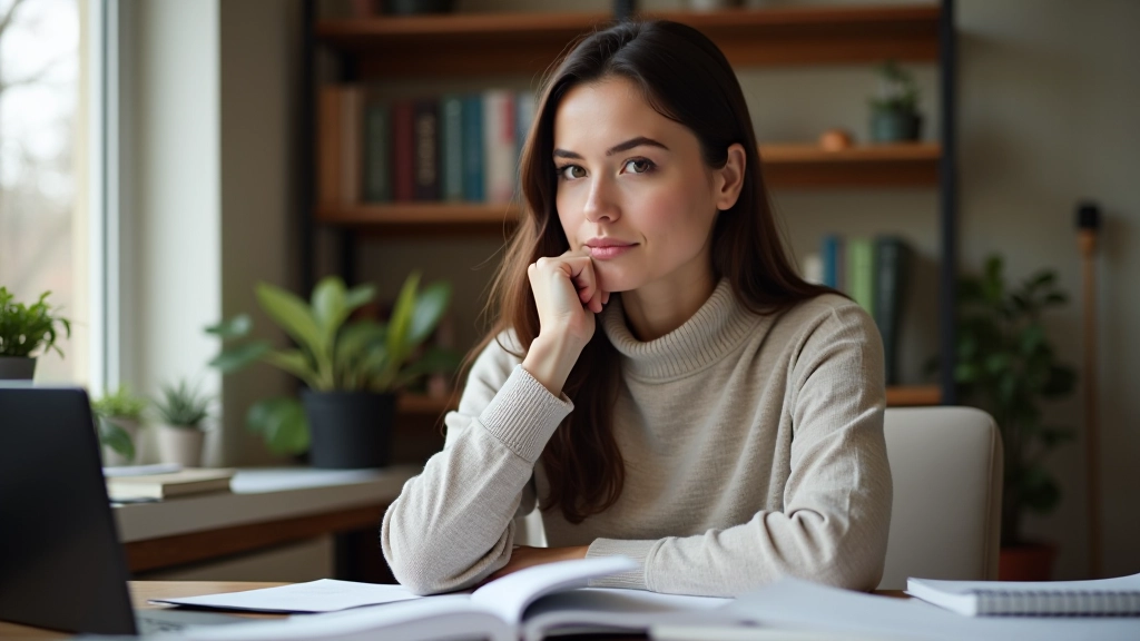 Person sitzt am Schreibtisch, schaut nachdenklich auf Laptop, Notizen und Bücher drum herum