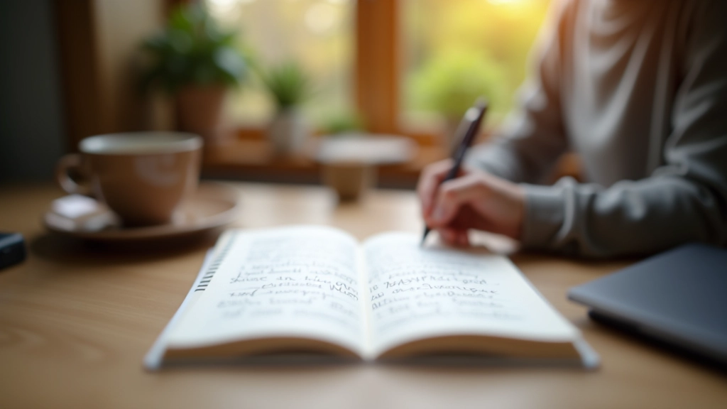 Schreibtisch mit offenen Notizbüchern, Stift und Kaffee in natürlichem Morgenlicht, kreative Arbeitsumgebung